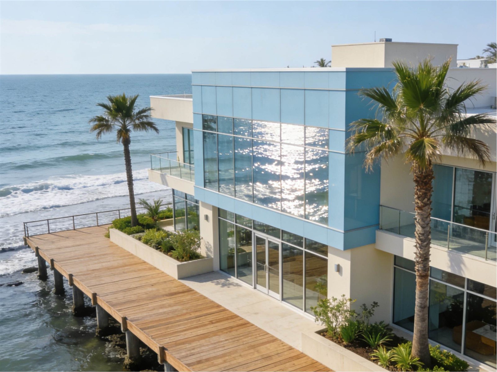 Multi-unit residential facade with aluminum impact windows in hurricane-prone area Multi-unit residential facade with aluminum impact windows in hurricane-prone area