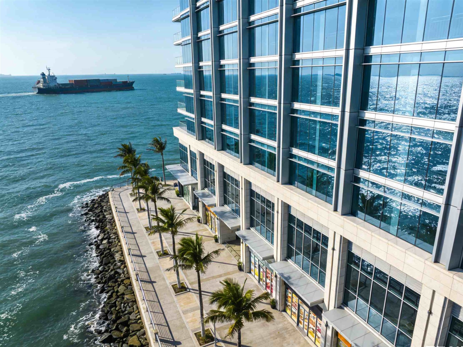 Modern coastal building highlighting large impact windows for safety and aesthetic design Modern coastal building highlighting large impact windows for safety and aesthetic design